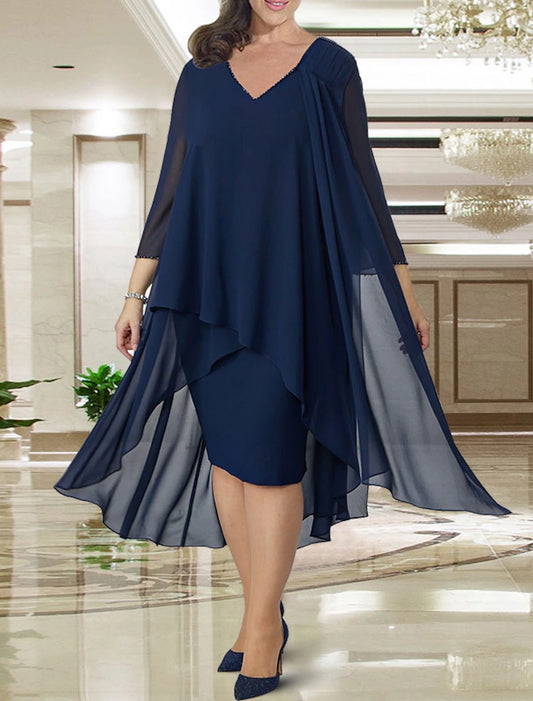 Sheath / Column Mother of the Bride Dress Plus Size Elegant V Neck Knee Length Chiffon 3/4 Length Sleeve with Beading Ruffles Ruching