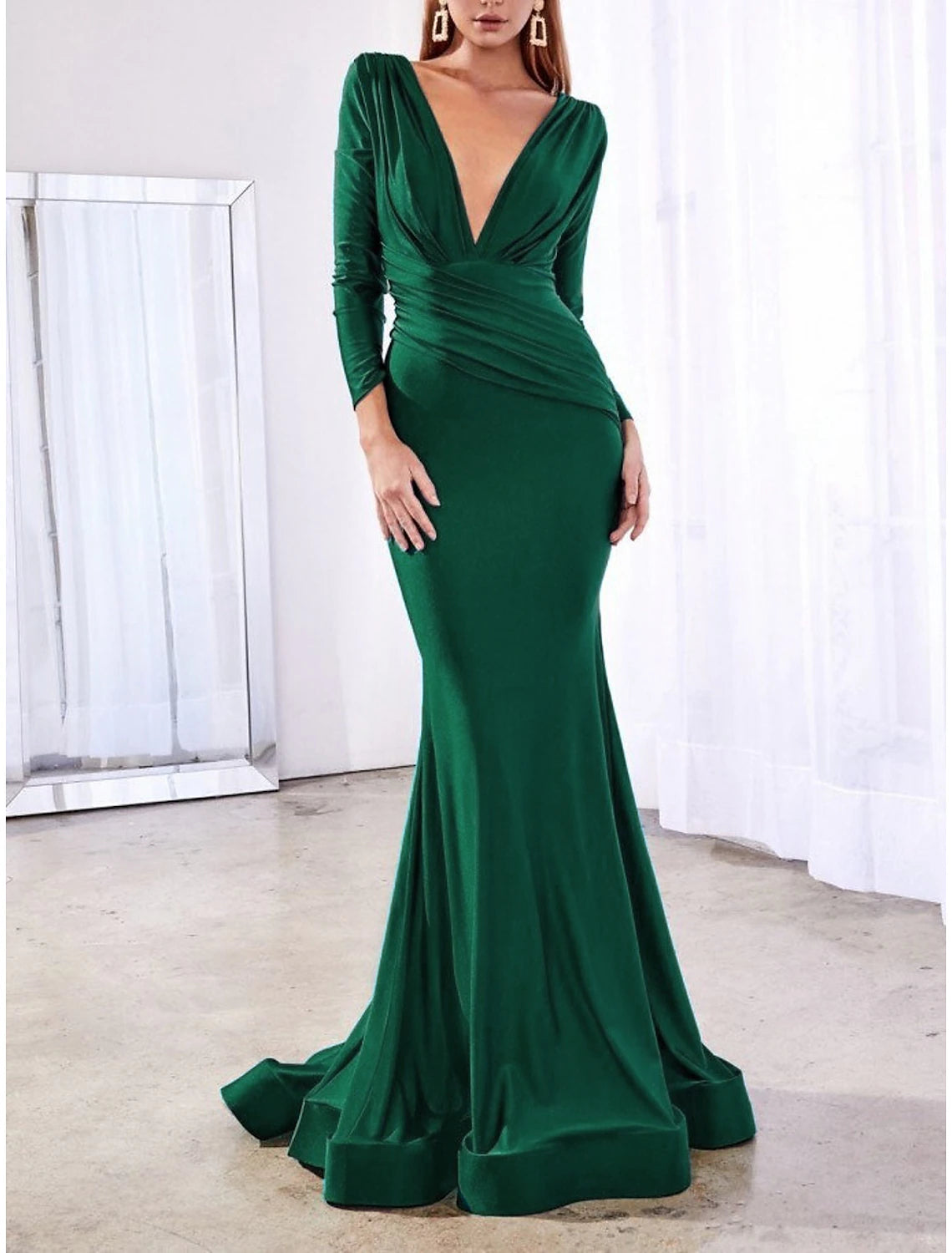 Mermaid / Trumpet Evening Gown Reformation Amante Dress Wedding Guest Formal Evening Court Train Long Sleeve V Neck Satin with Sleek Pure Color