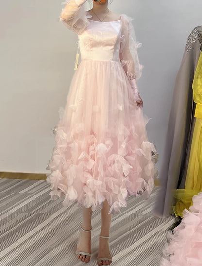 Ball Gown A-Line Homecoming Dresses Floral Dress Cocktail Party Tea Length Long Sleeve Off Shoulder Tulle Ladder Back with Butterfly