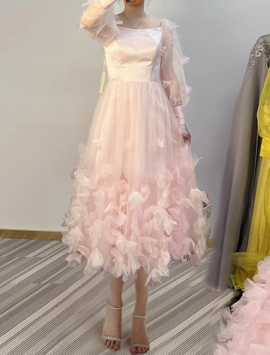 Ball Gown A-Line Homecoming Dresses Floral Dress Cocktail Party Tea Length Long Sleeve Off Shoulder Tulle Ladder Back with Butterfly