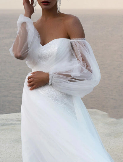 Beach Boho Wedding Dresses A-Line Off Shoulder 3/4 Length Sleeve Court Train Satin Bridal Gowns With Solid Color