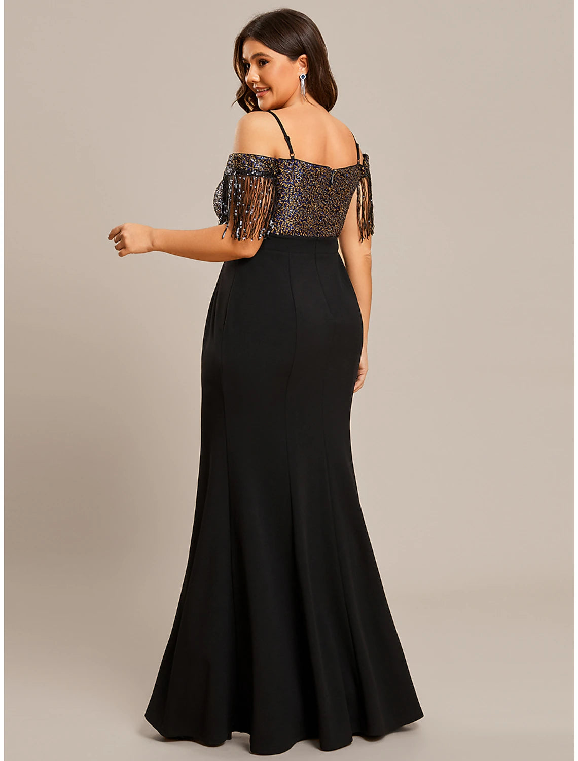 Mermaid / Trumpet Wedding Guest Dresses Minimalist Dress Formal Black Tie Floor Length Short Sleeve Off Shoulder Stretch Fabric with Fringe Tassel