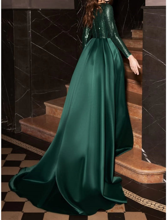 A-Line Evening Dresses Formal Glittering Dress Wedding Guest Court Train Long Sleeve V Neck Satin with Pleats Sequin