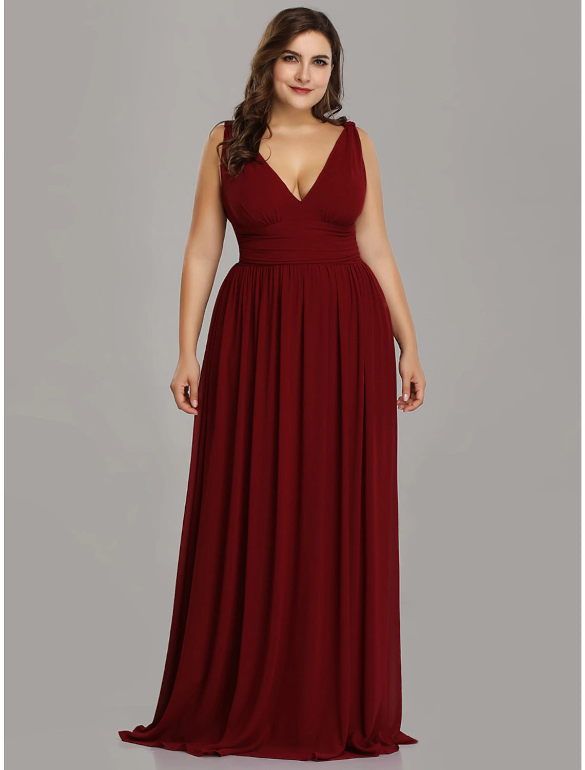 A-Line Plus Size Wedding Guest Formal Evening Dress V Neck V Back Sleeveless Floor Length Chiffon with Pleats