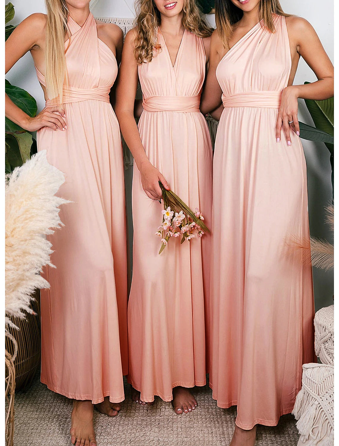 Sheath / Column Bridesmaid Dress Halter Sleeveless Convertible Ankle Length Spandex with Pleats / Solid Color