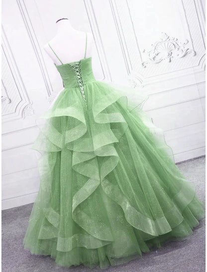 Ball Gown Prom Dresses Glittering Dress Formal Floor Length Sleeveless V Neck Tulle with Glitter Ruffles