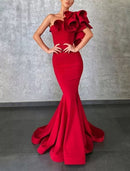 Mermaid / Trumpet Prom Dresses Sexy Dress Party Wear Prom Sweep / Brush Train Sleeveless One Shoulder Charmeuse with Ruffles