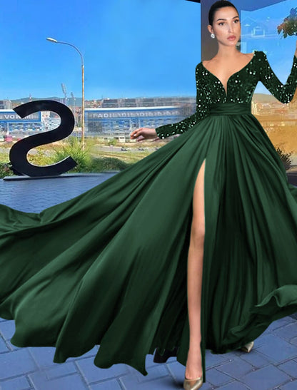 A-Line Evening Gown Sparkle Black Dress Plus Size Wedding Guest Prom Court Train Long Sleeve V Neck Chiffon with Sequin Slit