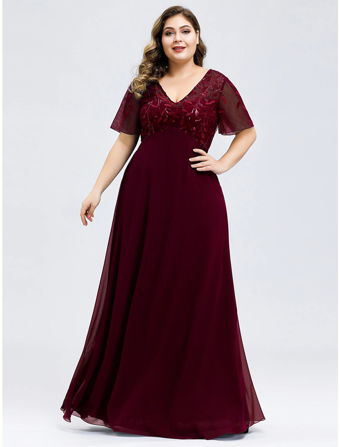 A-Line Wedding Guest Dresses Elegant Dress Fall Floor Length Short Sleeve V Neck Bridesmaid Dress Tulle with Sequin Appliques