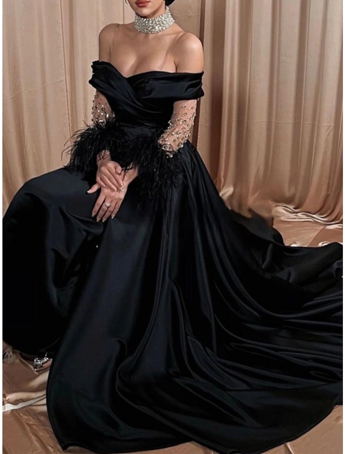 A-Line Evening Gown Elegant Dress Formal Black Dress Sweep / Brush Train Long Sleeve Off Shoulder Satin with Rhinestone Feather Pleats