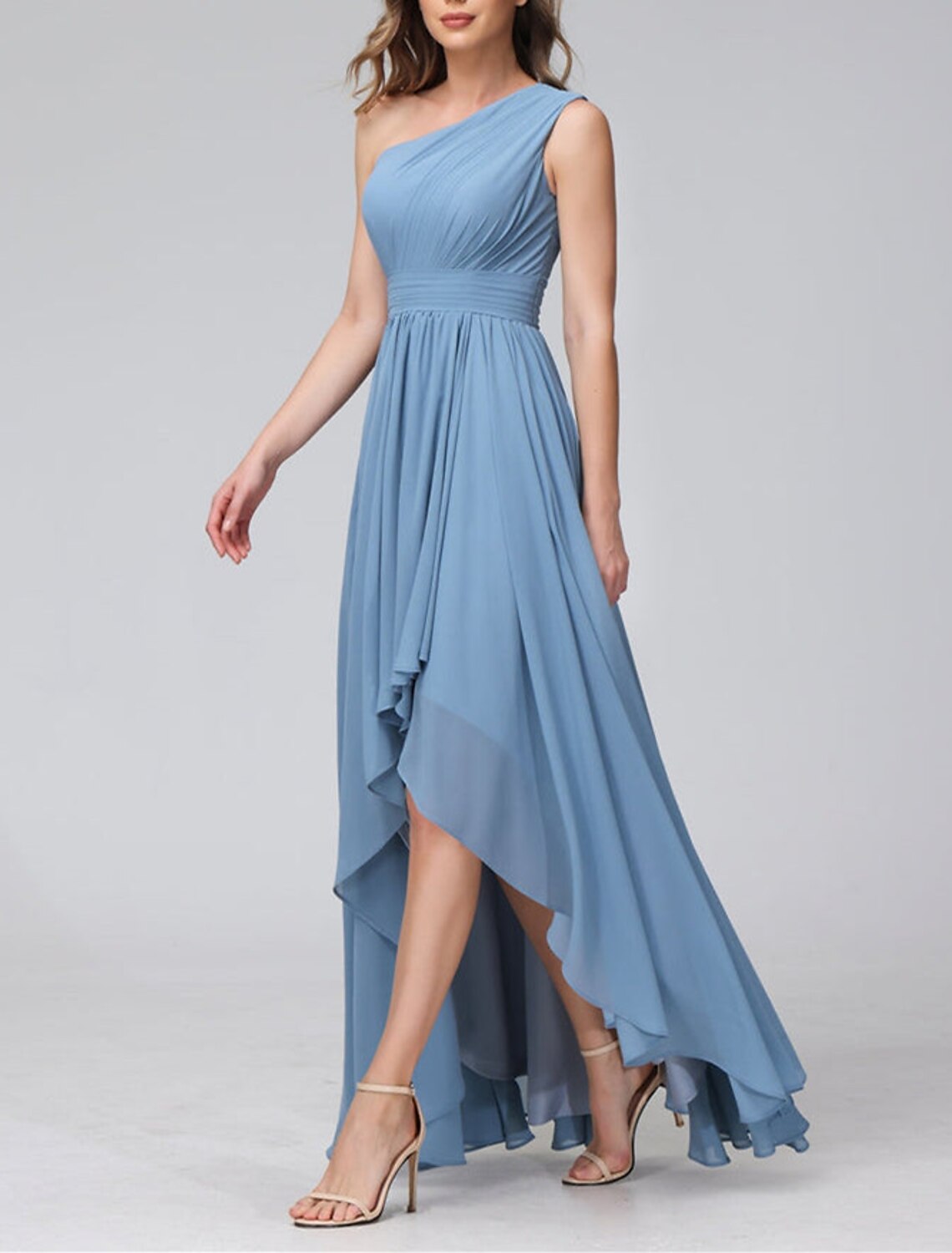 A-Line Bridesmaid Dress One Shoulder Sleeveless Blue Asymmetrical Chiffon with Solid Color