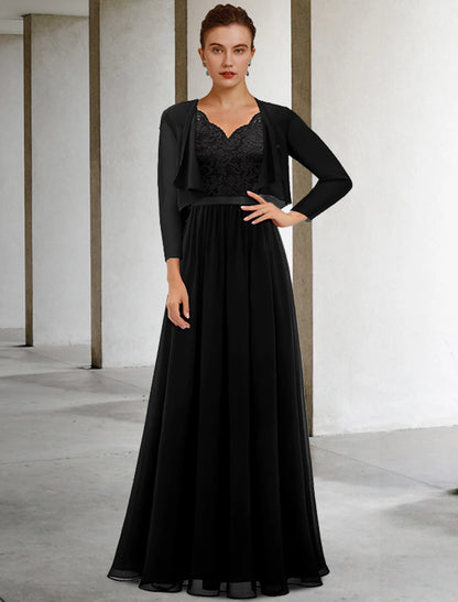 Two Piece A-Line Mother of the Bride Dress Plus Size Elegant V Neck Floor Length Chiffon Lace Sleeveless Wrap Included with Sash / Ribbon Pleats Appliques