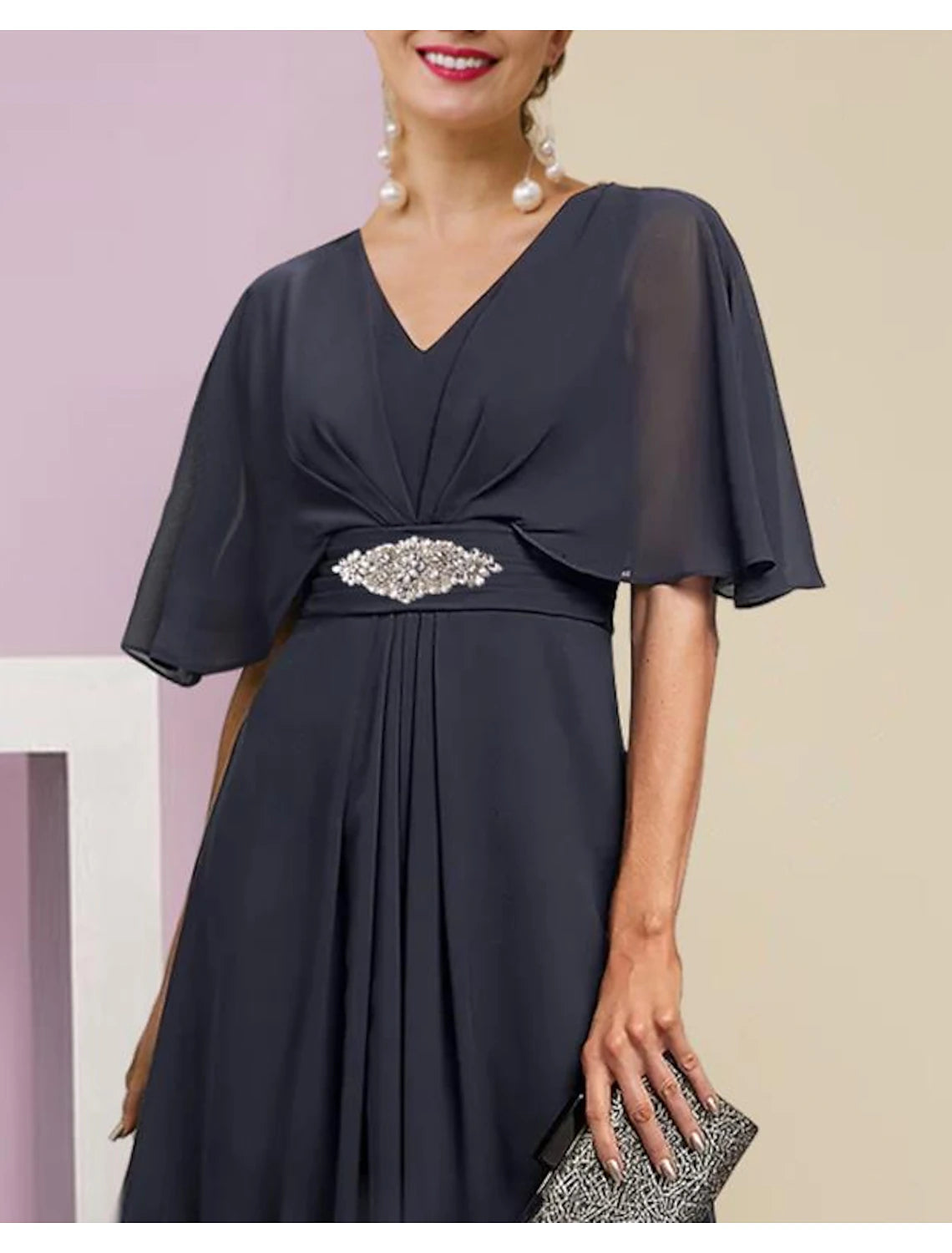 A-Line Mother of the Bride Dress Formal Wedding Guest Elegant V Neck Tea Length Chiffon Lace Half Sleeve with Appliques Crystal Brooch