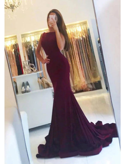 Mermaid / Trumpet Evening Gown Empire Dress Prom Wedding Reception Court Train Sleeveless Spaghetti Strap Spandex with Pleats