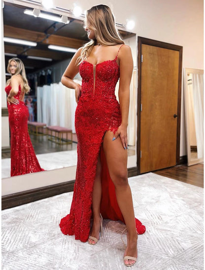 Mermaid / Trumpet Prom Dresses Sparkle & Shine Dress Formal Wedding Party Sweep / Brush Train Sleeveless Spaghetti Strap Sequined Backless with Beading Sequin Slit