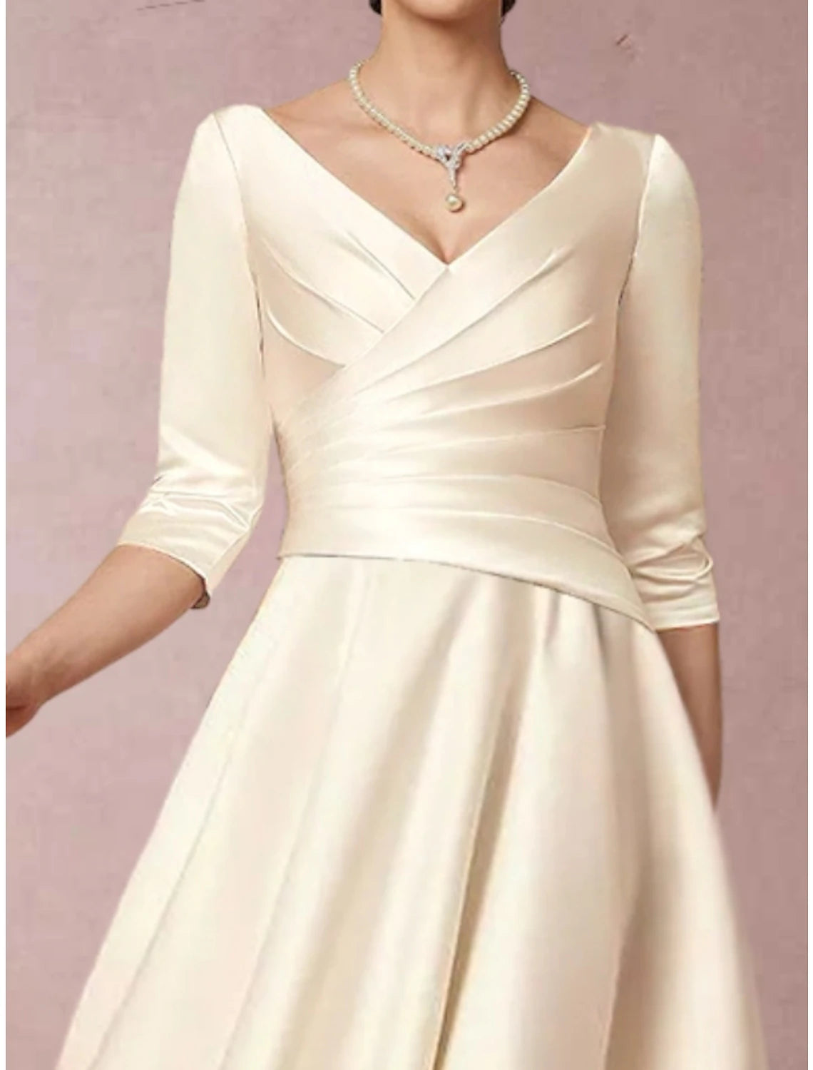 A-Line Mother of the Bride Dress Elegant Simple V Neck Tea Length Satin Half Sleeve with Pleats Ruched