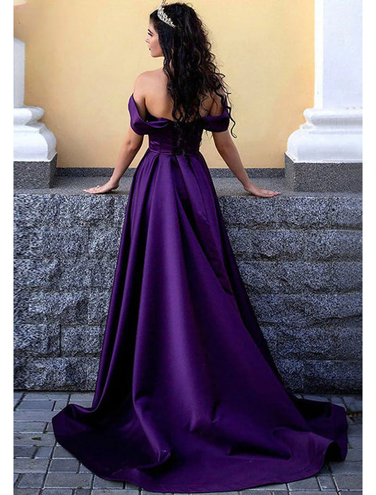 A-Line Prom Dresses Princess Dress Formal Prom Sweep / Brush Train Sleeveless Off Shoulder Satin with Pleats Slit