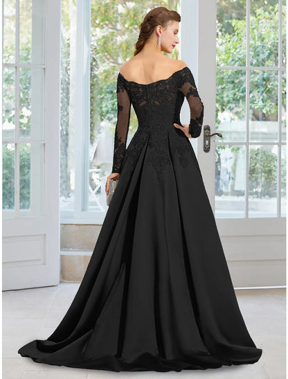 A-Line Evening Gown Floral Dress Formal Black Tie Court Train Long Sleeve Off Shoulder Lace with Appliques