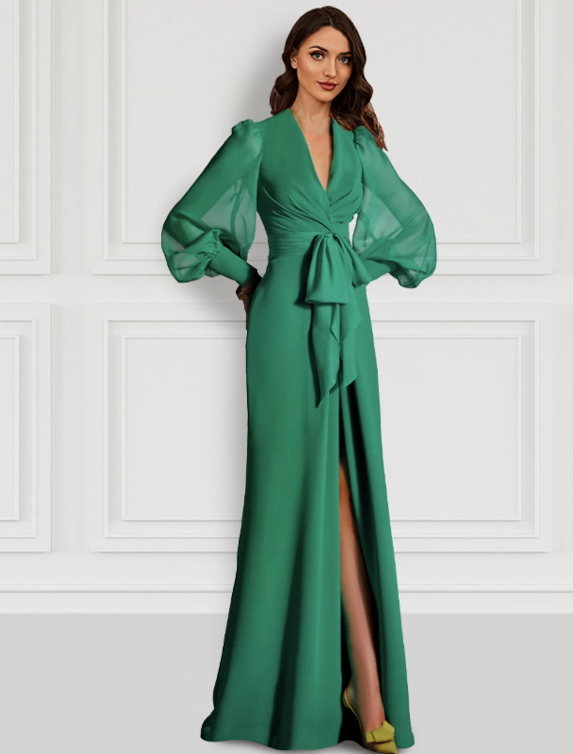 Mermaid Christmas Red Green Dress Evening Gown Elegant Dress Formal Wedding Guest Sweep / Brush Train Long Sleeve V Neck Fall Wedding Guest Chiffon with Slit Strappy