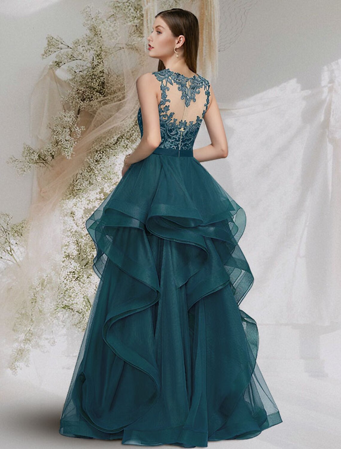 Ball Gown Cut Out Sexy Prom Formal Evening Dress Jewel Neck Sleeveless Floor Length Tulle with Lace Insert