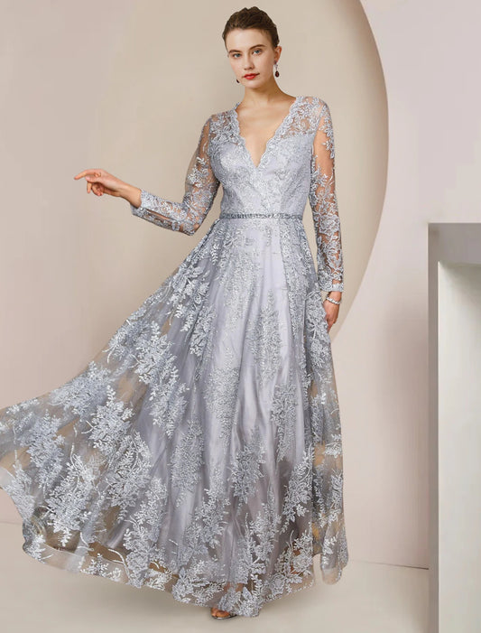 A-Line Mother of the Bride Dress Formal Wedding Guest Elegant V Neck Floor Length Tea Length Lace Long Sleeve with Appliques Crystal Brooch