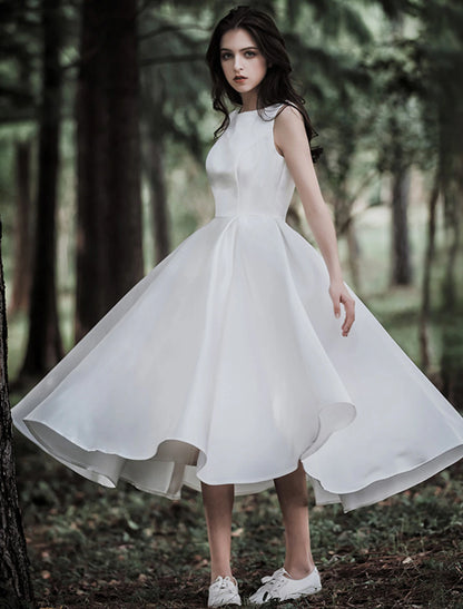 Reception Little White Dresses Wedding Dresses A-Line Scoop Neck Sleeveless Tea Length Satin Bridal Gowns With Solid Color