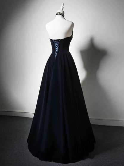 A-Line Prom Dress Fashion Simple Autumn Winter Velvet Dark Blue Bead string Long Temperament Dress