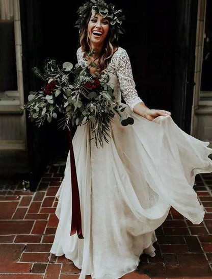 Boho Wedding Dresses Ball Gown V Neck 3/4 Length Sleeve Sweep / Brush Train Chiffon Bridal Suits Bridal Gowns With Pleats