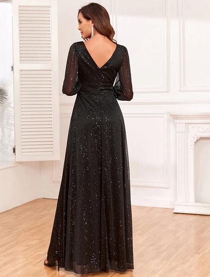 A-Line Evening Gown Empire Dress Party Wear Floor Length Long Sleeve V Neck Tulle V Back with Glitter Slit