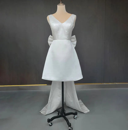 Wedding Dress A-Line Satin V-Neck Short with Large Bow