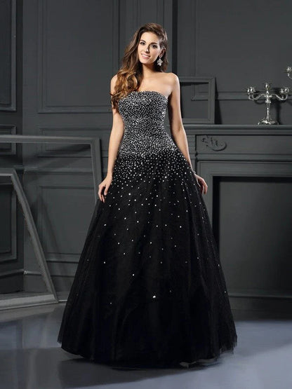 Ball Gown Strapless Beading Sleeveless Long Satin Quinceanera Dresses