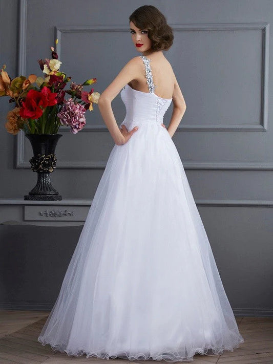 Ball Gown One-Shoulder Sleeveless Beading Long  Woven Satin Quinceanera Dresses