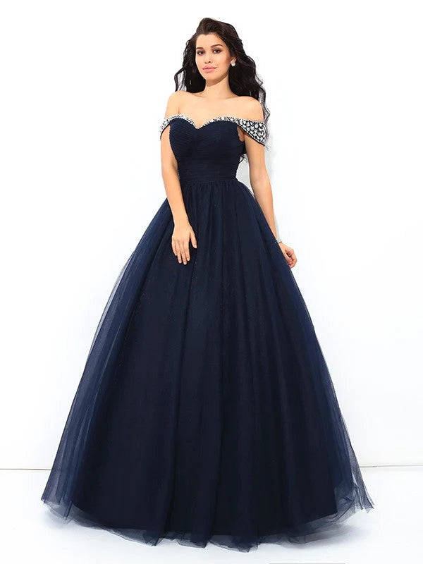 Ball Gown Off-the-Shoulder Beading Sleeveless Long Net Quinceanera Dresses TPP0002141