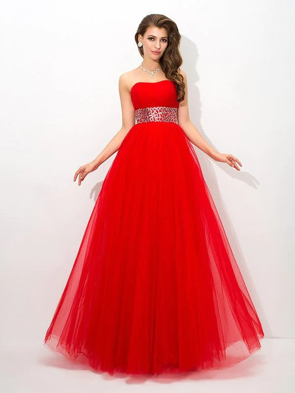 Ball Gown Strapless Beading Sleeveless Long Net Quinceanera Dresses