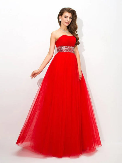 Ball Gown Strapless Beading Sleeveless Long Net Quinceanera Dresses