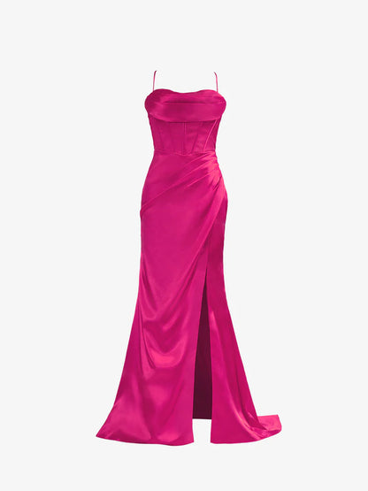 Prom Dress Spaghetti Straps Satin Mermaid with Slit