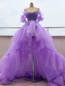 A-Line Prom Dresses High Low Dress Quinceanera Asymmetrical Purple Short Sleeve Off Shoulder Tulle with Tier