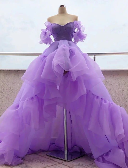 A-Line Prom Dresses High Low Dress Quinceanera Asymmetrical Purple Short Sleeve Off Shoulder Tulle with Tier