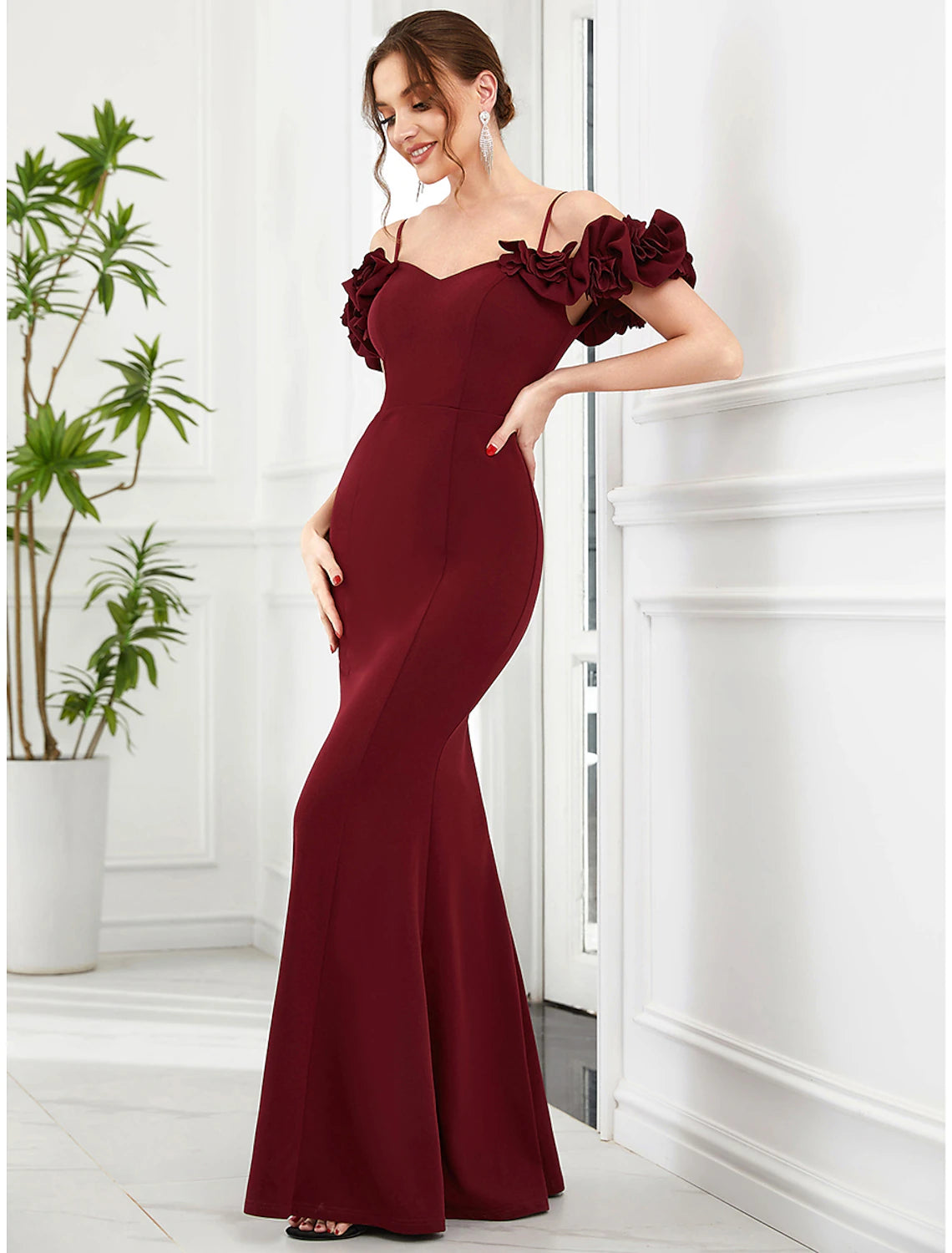 Mermaid / Trumpet Evening Gown Vintage Dress Engagement Wedding Party Floor Length Sleeveless Off Shoulder Polyester with Ruffles