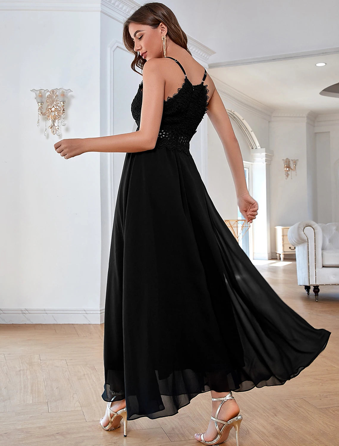 A-Line Elegant Vintage Party Wear Formal Evening Dress V Neck Sleeveless Ankle Length Chiffon with Sequin Pure Color Splicing