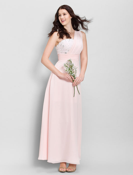 Sheath / Column Bridesmaid Dress One Shoulder Sleeveless Elegant Ankle Length Chiffon with Beading