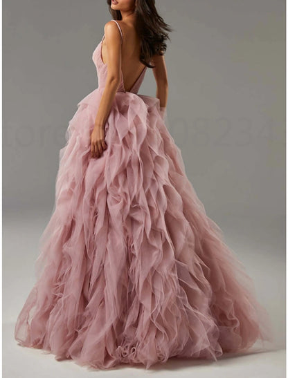 A-Line Prom Dresses Elegant Dress Formal Floor Length Sleeveless Spaghetti Strap Tulle with Pleats Ruffles