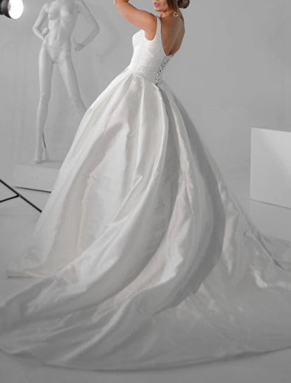 Royal Style Formal Wedding Dresses Ball Gown Square Neck Sleeveless Chapel Train Satin Bridal Gowns With Solid Color