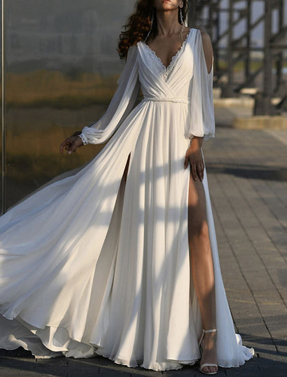 Beach Boho Wedding Dresses A-Line V Neck Long Sleeve Court Train Chiffon Bridal Gowns With Split Front Solid Color