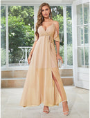 A-Line Wedding Guest Dresses Elegant Dress Party Wear Wedding Party Ankle Length Sleeveless V Neck Chiffon with Ruffles Slit Strappy