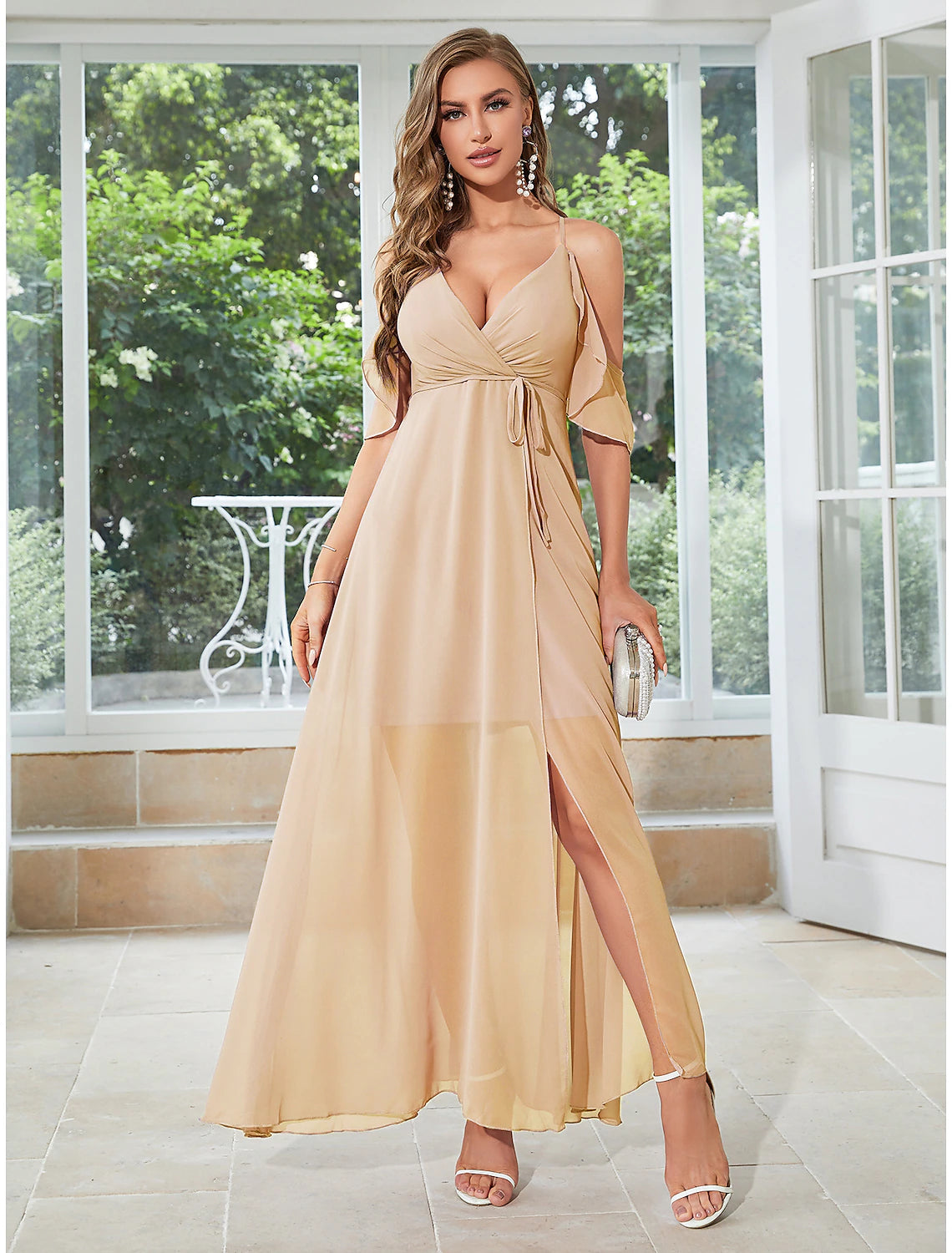 A-Line Wedding Guest Dresses Elegant Dress Party Wear Wedding Party Ankle Length Sleeveless V Neck Chiffon with Ruffles Slit Strappy