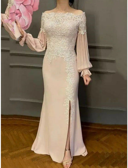 Sheath / Column Mother of the Bride Dress Wedding Guest Party Elegant Off Shoulder Floor Length Chiffon Lace Long Sleeve with Split Front