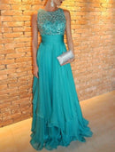 A-Line Evening Gown Tiered Prom Dress Formal Sweep / Brush Train Sleeveless Jewel Neck Chiffon with Rhinestone