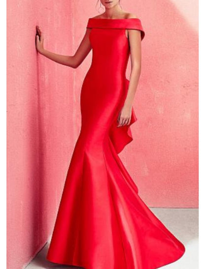 Mermaid / Trumpet Beautiful Back Engagement Formal Evening Dress Off Shoulder Short Sleeve Floor Length Satin with Ruffles Draping