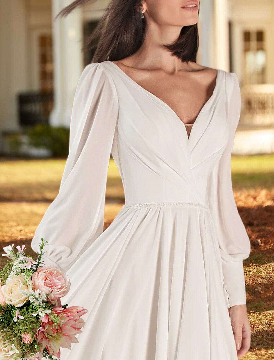 Casual Wedding Dresses A-Line V Neck Long Sleeve Sweep / Brush Train Chiffon Bridal Gowns With Pleats